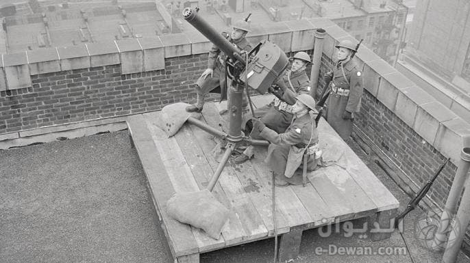 Soldiers manning anti aircraft guns in